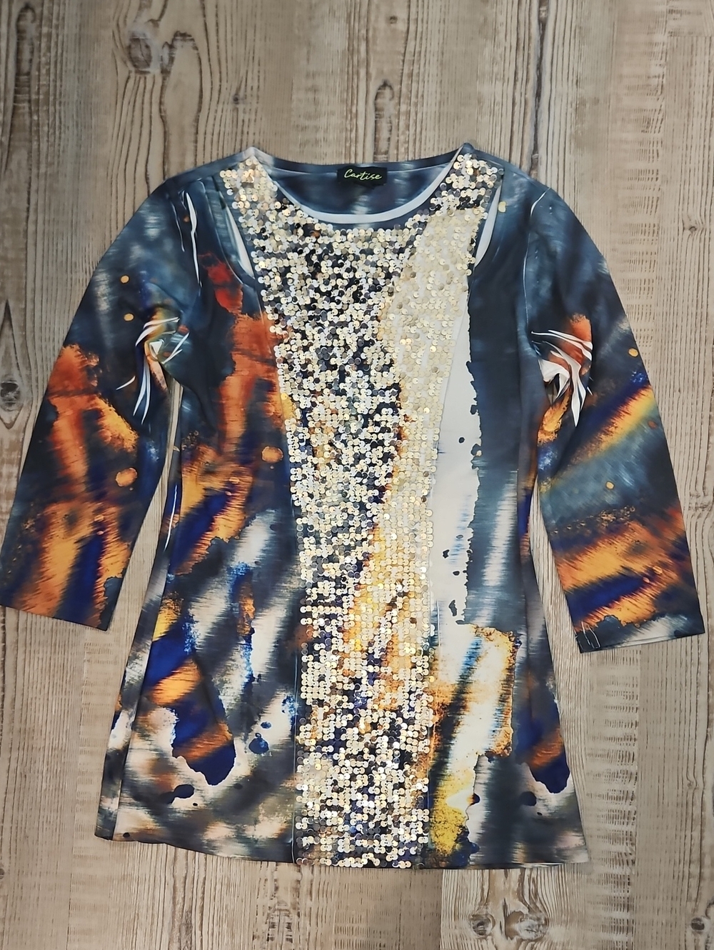Catrice Sequin Embellished Abstract Print Top - Navy & Gold
